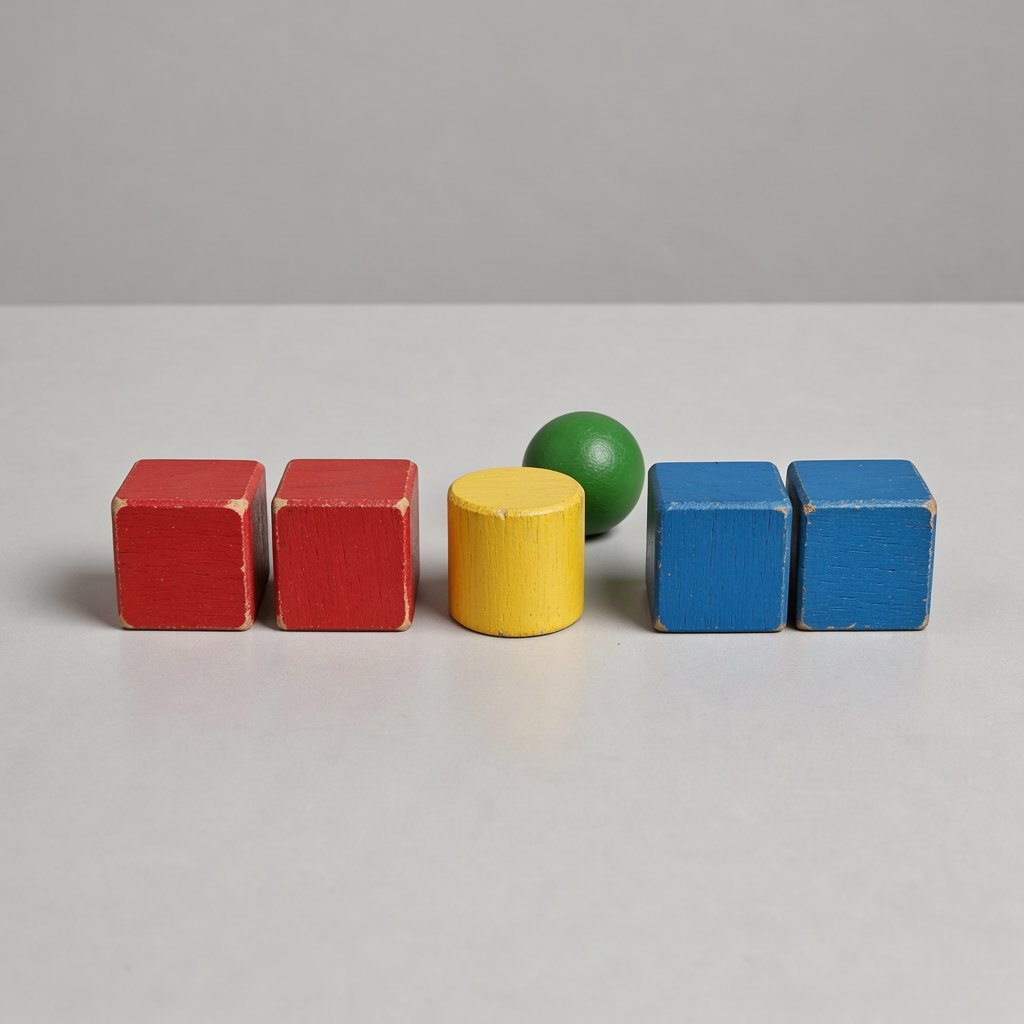 Exactly five wooden toy blocks sit on a pale gray table: two red cubes on the left, one yellow cylinder in the center, and two blue cubes on the right. A small green ball sits behind the cylinder, nothing else. — FLUX 3 Image