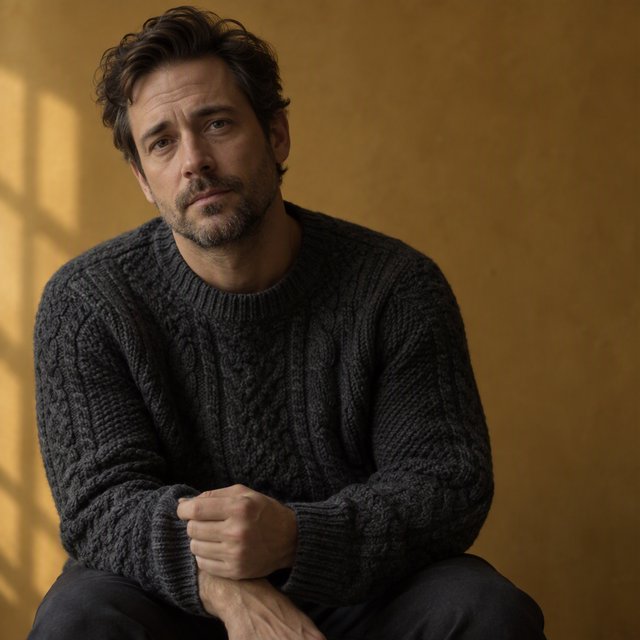 Editorial portrait of an adult man in his early 40s wearing a charcoal wool fisherman’s sweater, one hand loosely holding its ribbed cuff. His thoughtful, slightly tired expression rests against a muted ochre studio backdrop, shaped by gentle directional window light. — GPT Image 2.5 Sunburst
