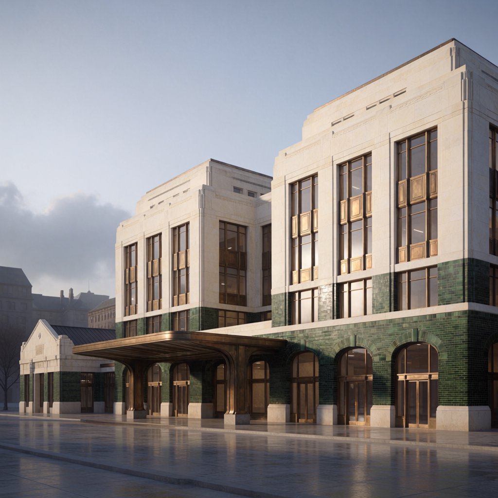 Exterior of an Art Deco railway terminal in pale limestone and dark green glazed brick, with stepped massing, bronze-framed windows, and a broad canopy; clear winter morning light, viewed from the station forecourt, precise lines and credible structure. — Krea 2 Medium