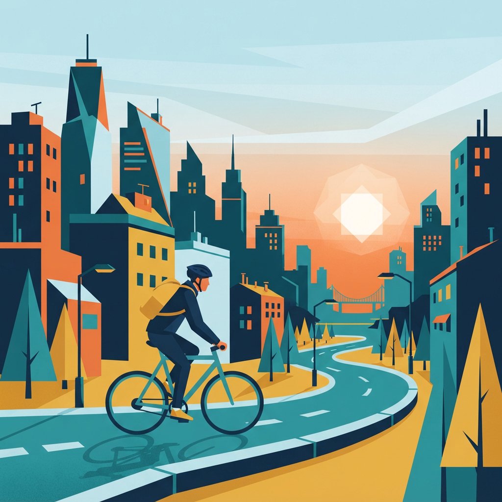 Flat vector illustration of a cyclist commuting through a city at sunrise, limited palette of five colours, geometric shapes. — Nano Banana 2 Lite