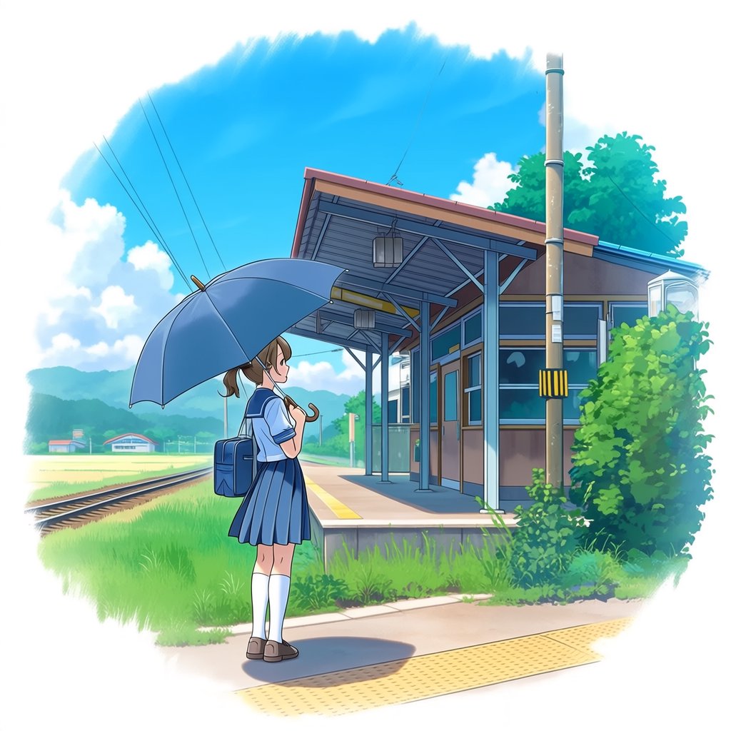 Anime-style illustration of a girl with a blue umbrella waiting at a rural train station in summer, cicadas implied by heat haze, cel shading. — Midjourney Niji 7