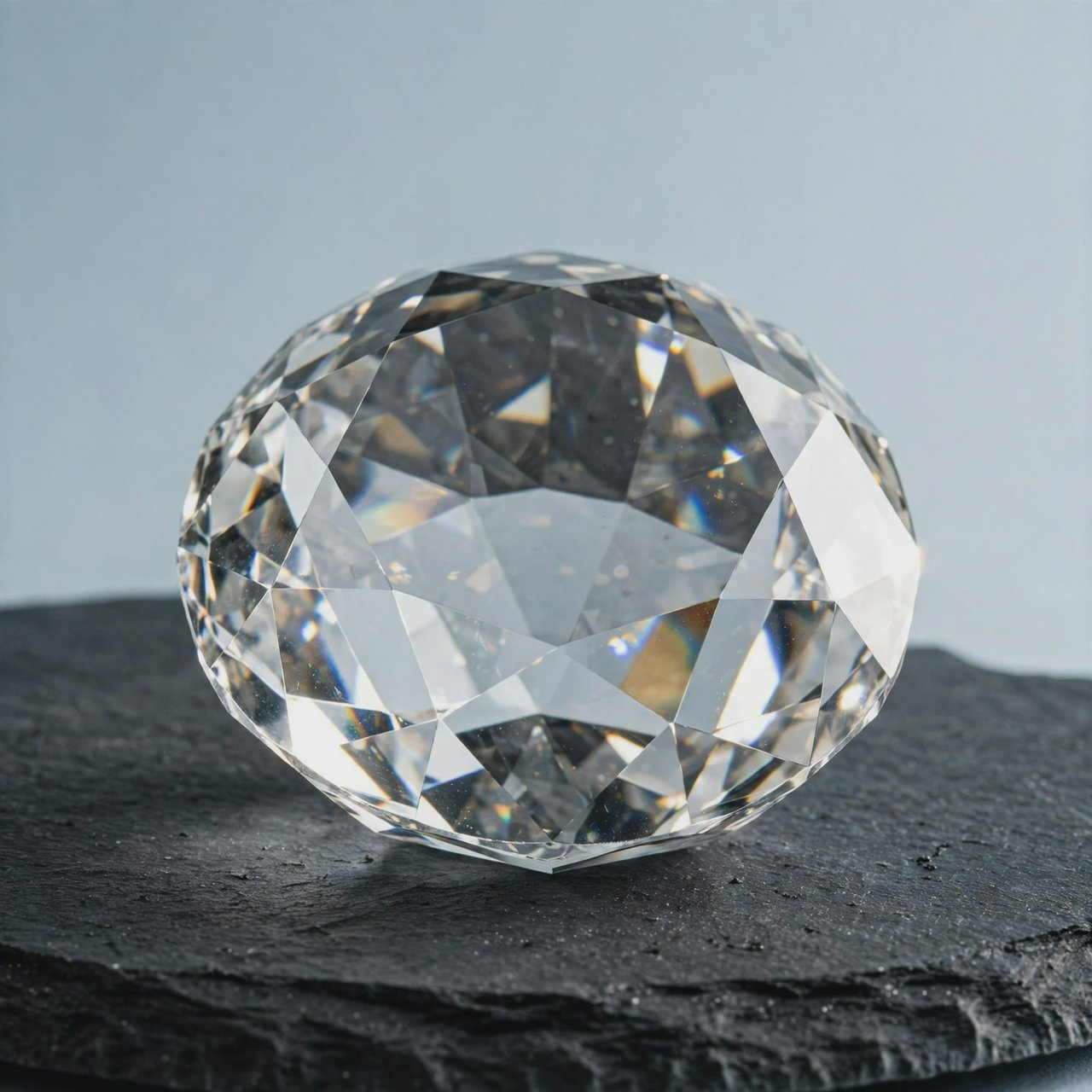 An unbranded, unmarked faceted optical-glass paperweight rests on charcoal slate against a pale blue-gray background; broad diffused studio light and a narrow side highlight reveal crisp internal refractions and bright edge reflections. — Muse Image 1.0