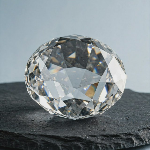 An unbranded, unmarked faceted optical-glass paperweight rests on charcoal slate against a pale blue-gray background; broad diffused studio light and a narrow side highlight reveal crisp internal refractions and bright edge reflections. — Muse Image 1.0