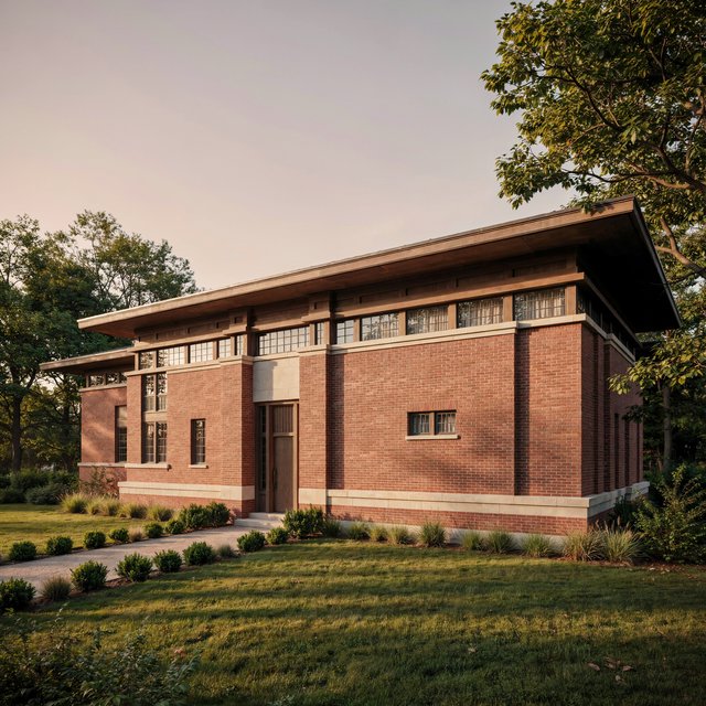 Exterior of a Prairie School residence with broad overhanging eaves, warm brick, limestone courses, and ribbon windows; amber evening light grazes the facade, viewed obliquely from a garden path, with disciplined horizontal lines and credible structure. — Ideogram v4.5