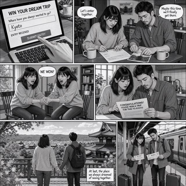 A realistic manga about a couple who entered a contest and ended up winning a trip to a place they always wanted to go. — FLUX 3 Image