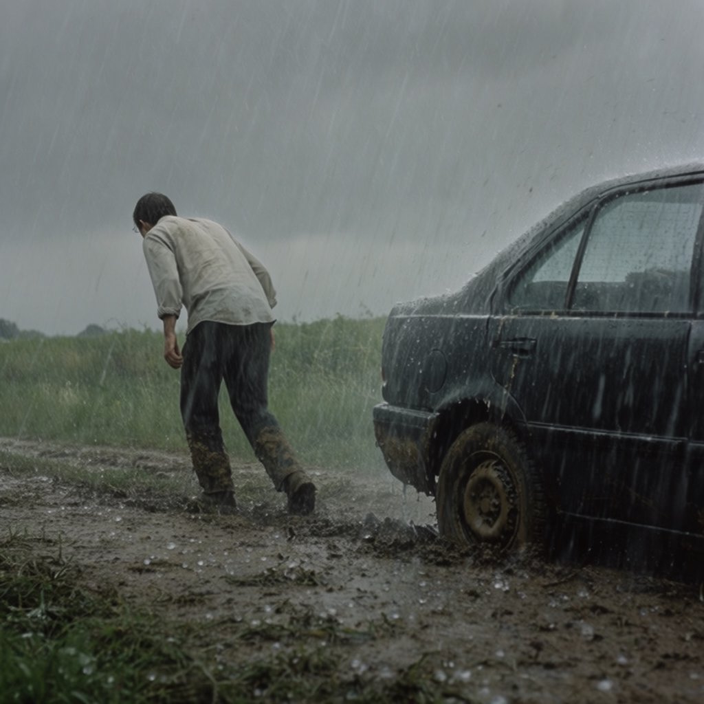 A man is pushing his car, which is stuck in the mud, amid heavy rain in the countryside. The sky is gloomy, and some hail is also falling on the car and the ground. The big man has mud all over his trousers. Show him struggling. — Krea 2 Large