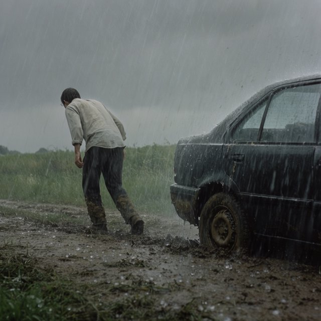 A man is pushing his car, which is stuck in the mud, amid heavy rain in the countryside. The sky is gloomy, and some hail is also falling on the car and the ground. The big man has mud all over his trousers. Show him struggling. — Krea 2 Large