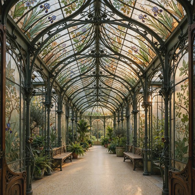 Interior of an Art Nouveau winter garden, curved iron ribs, cream terrazzo floor, hand-painted botanical glass panels, filtered late-afternoon sunlight, viewed from the entrance along the central axis, elegant geometry and believable load-bearing structure. — Muse Image 1.0