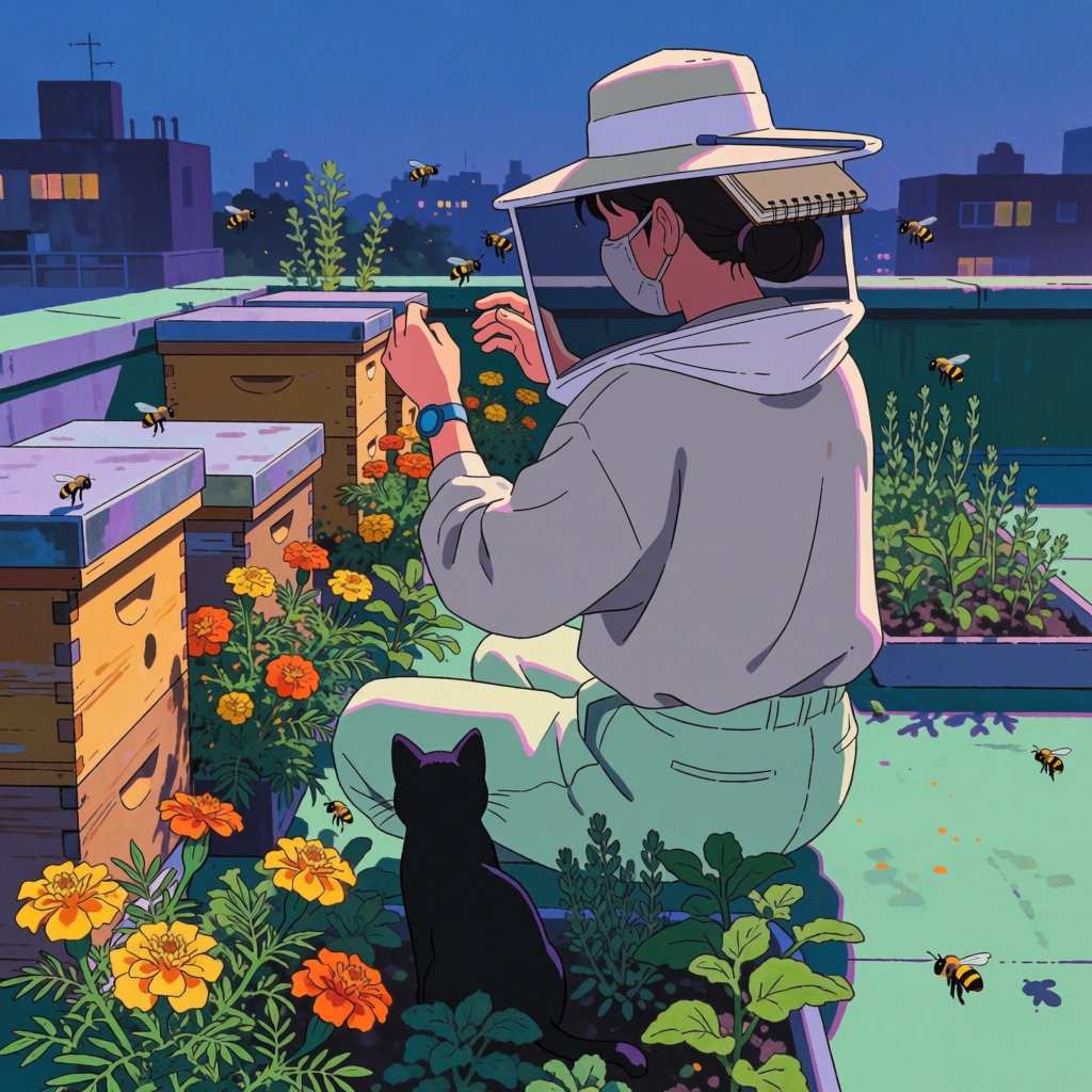 Cel-shaded anime illustration of an adult rooftop beekeeper tending lively hives among marigolds and herbs at dusk, with bees drifting past distant windows. Palette of saffron, violet, mint, and midnight blue, crisp contours and gentle gradients. — Krea 2 Medium
