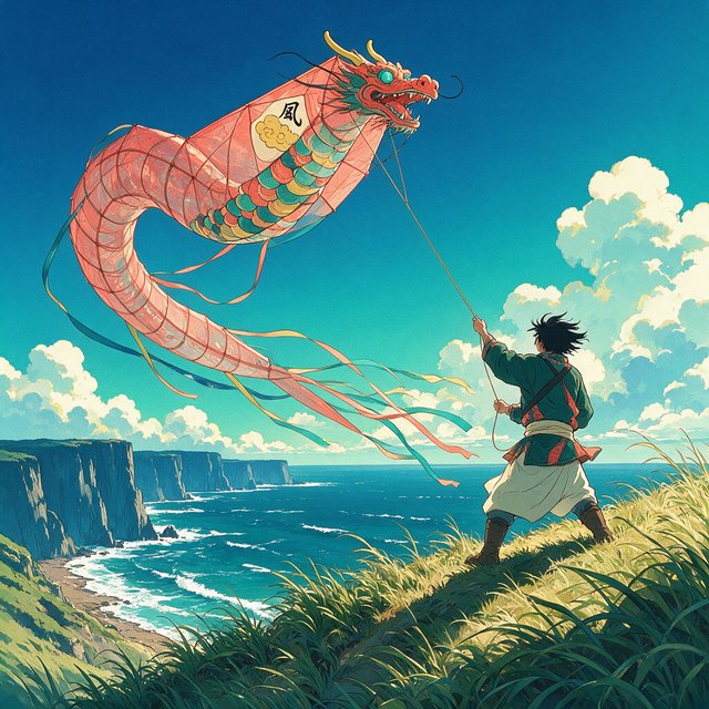 Cel-shaded anime illustration of an adult kite maker testing a vast translucent dragon-shaped kite on a windy coastal bluff, ribbons streaming above wild grasses and distant cliffs. Palette of coral, turquoise, butter yellow, and deep blue, with clean contours and a luminous sky. — Seedream 5.0 Pro