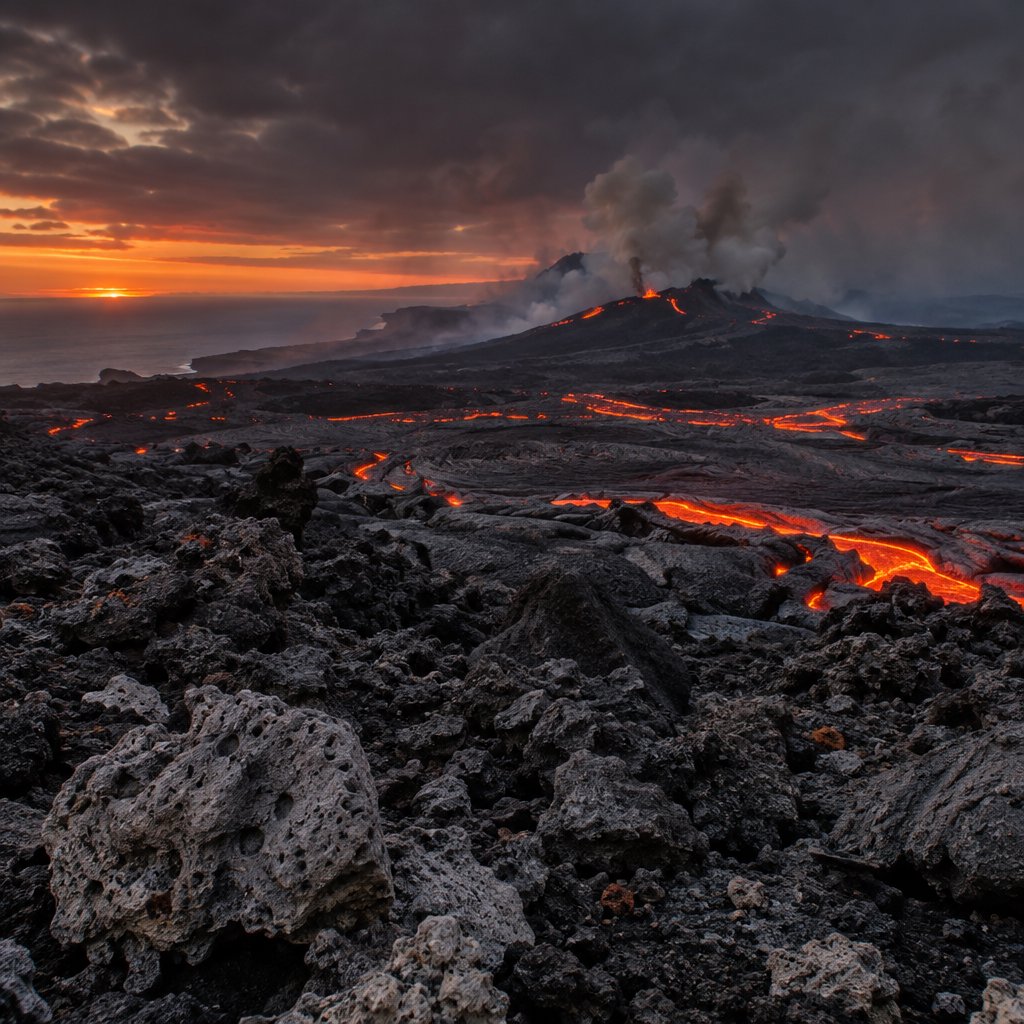 Fresh lava threads a black cinder plain on a volcanic island at dusk beneath ash-laden wind; blistered crust and brittle pumice in the foreground give way to glowing fissures fading into smoke. — GPT Image 2.5 Flare
