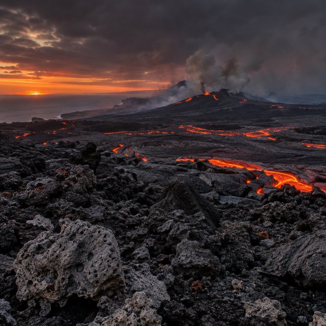 Fresh lava threads a black cinder plain on a volcanic island at dusk beneath ash-laden wind; blistered crust and brittle pumice in the foreground give way to glowing fissures fading into smoke. — GPT Image 2.5 Flare