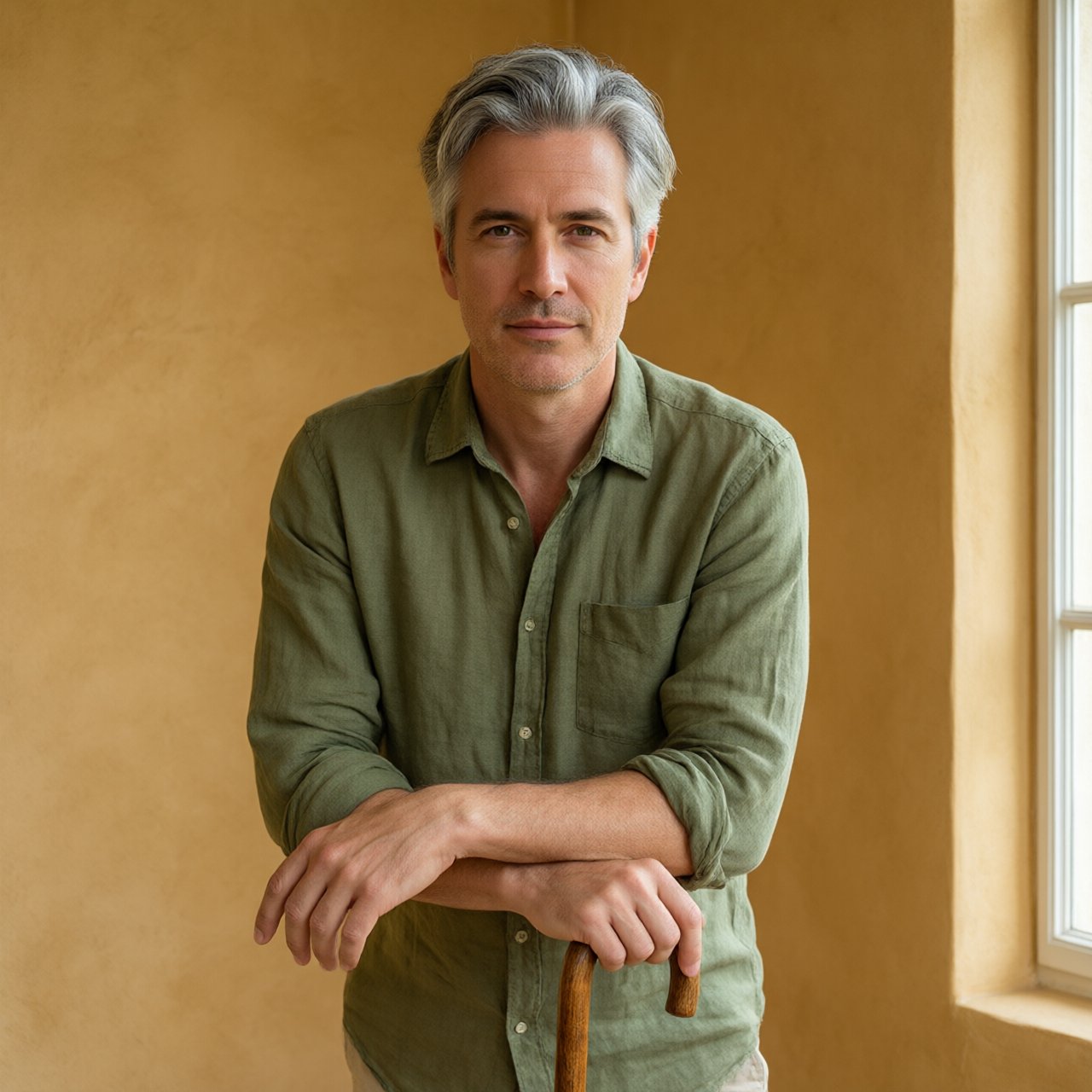 Portrait photograph of an adult man in his 40s with silver-streaked hair, wearing a textured olive linen shirt and rolled sleeves, hands resting on a wooden cane, relaxed expression, ochre plaster backdrop, soft window light from the side. — Qwen Image 3.0