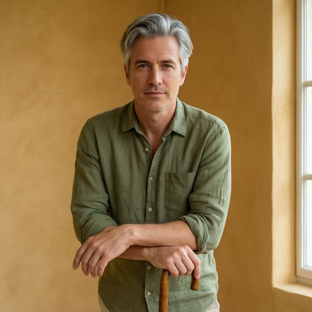 Portrait photograph of an adult man in his 40s with silver-streaked hair, wearing a textured olive linen shirt and rolled sleeves, hands resting on a wooden cane, relaxed expression, ochre plaster backdrop, soft window light from the side. — Qwen Image 3.0