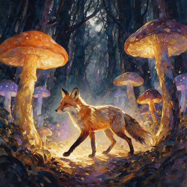 A solitary fox with fur like molten moonlight walks through an ethereal forest. Towering, bioluminescent fungi illuminate the path, casting an otherworldly glow. The style is reminiscent of early 20th-century magical realism, with bold, gestural brushstrokes akin to abstract expressionism, and a watercolor-like diffusion of light. — Model 20