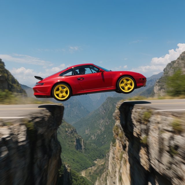 A sports car in a daredevil stunt has driven off a road from a high cliff, attempting to fly and land on the road on the next cliff. Beautiful mountainous background, sunny blue sky. Show motion, speed, and action. — Krea 2 Large