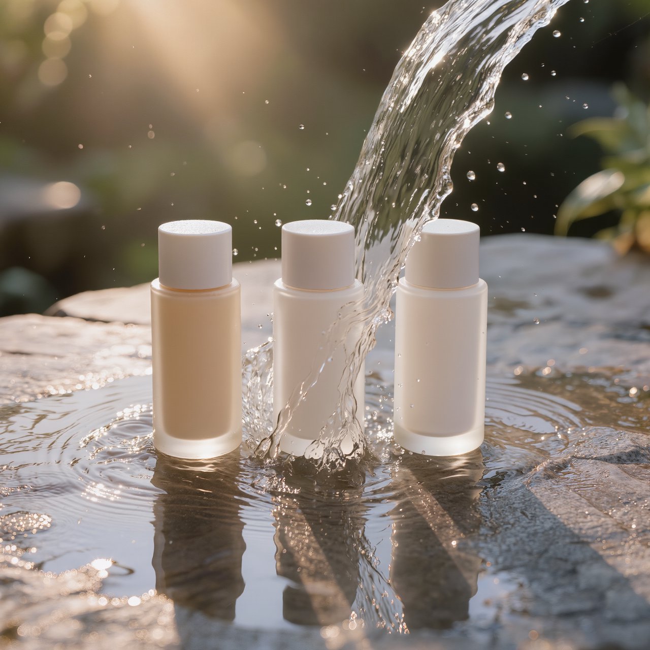 Three frosted glass skincare bottles on a wet stone surface with a splash of water, morning light, shallow depth of field. — Kling v3