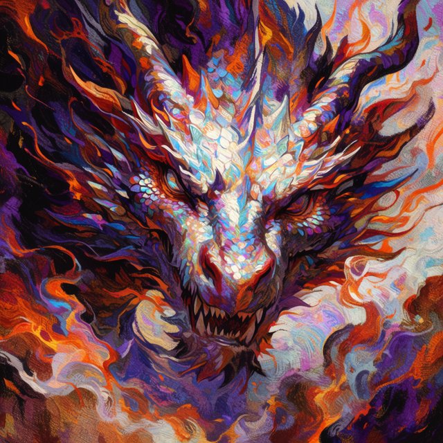An abstract tapestry woven from the dreams of a sleeping dragon, depicted as a chaotic yet beautiful explosion of iridescent scales, fiery embers, and swirling smoke. The composition is dynamic and energetic, with bold brushstrokes and a rich, textured surface. The style is abstract expressionism, capturing the raw, untamed essence of draconic power. — Krea 2 Large