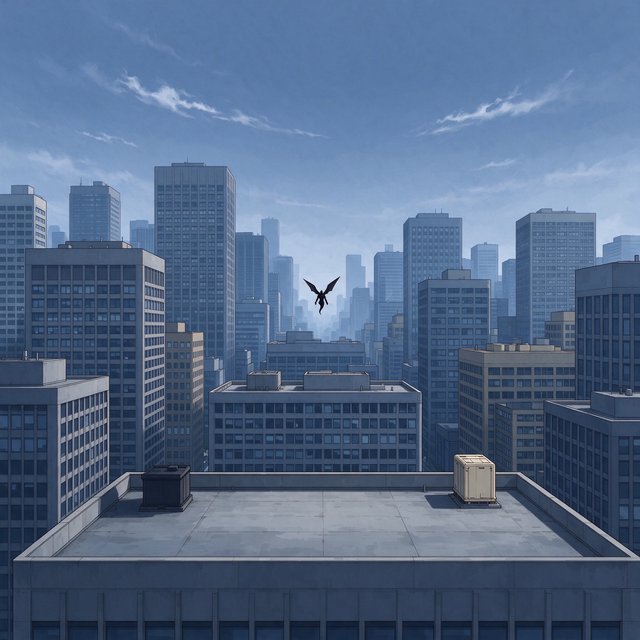 Clean cel-shaded painted cityscape, wide high-angle elevated rooftop level shot looking out over dense modern downtown office buildings, small dark winged figure hovering above central midground rooftops, pale overcast deep blue sky with wispy white clouds, diffused even daylight lighting with soft subtle ambient shadows, muted cool grey, beige, blue building facades with uniform office windows, flat concrete building rooftops, receding hazy distant city skyline with atmospheric perspective, eye level relative to building tops, no outlines, smooth flat color rendering, no grain. — Seedream 5.0 Flash