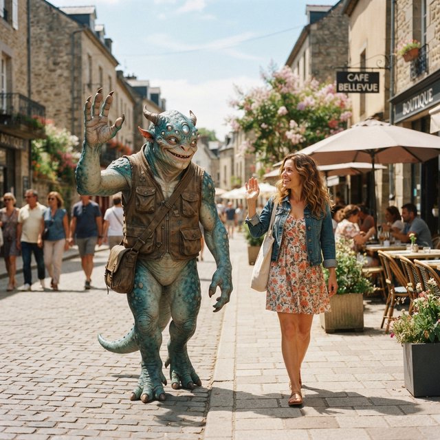 Alien monster walking down the street, greeting a beautiful woman walking toward him down the street on a lovely sunny day! — Nano Banana 2 Lite