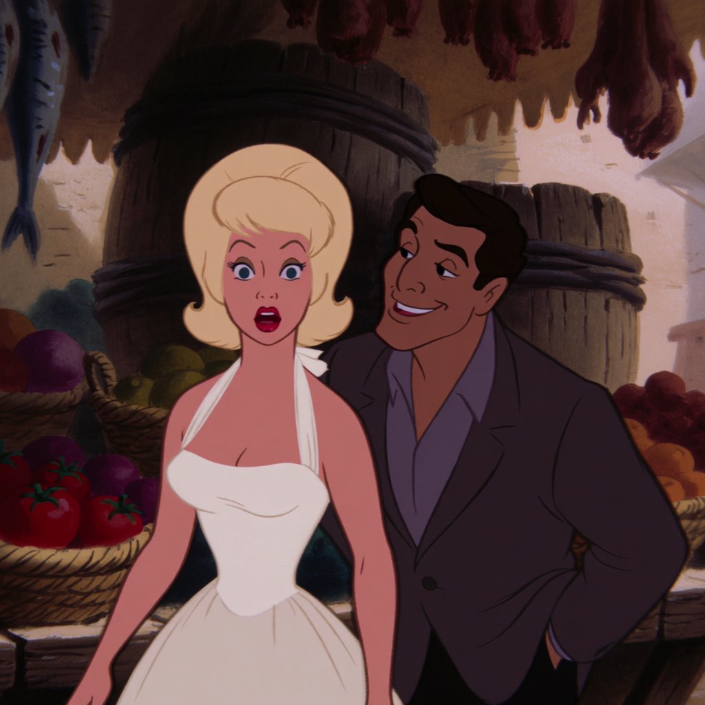 Glamorous adult couple browsing an exotic meat market. The woman has a look of pure surprise at what is on sale. The man just laughs at her reaction! The market is busy and well lit. — Krea 2 Medium