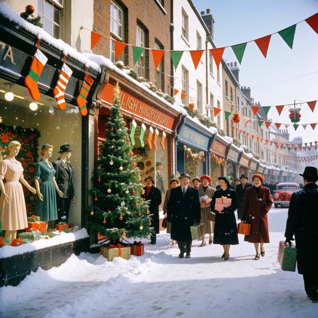 A UK High Street in the 1950s at Christmas time. The roads are covered in snow. The shop windows are decked out for Christmas and the happy adult shoppers are loaded up with gifts for loved ones. The mood is bright and Christmassy. — Model 12
