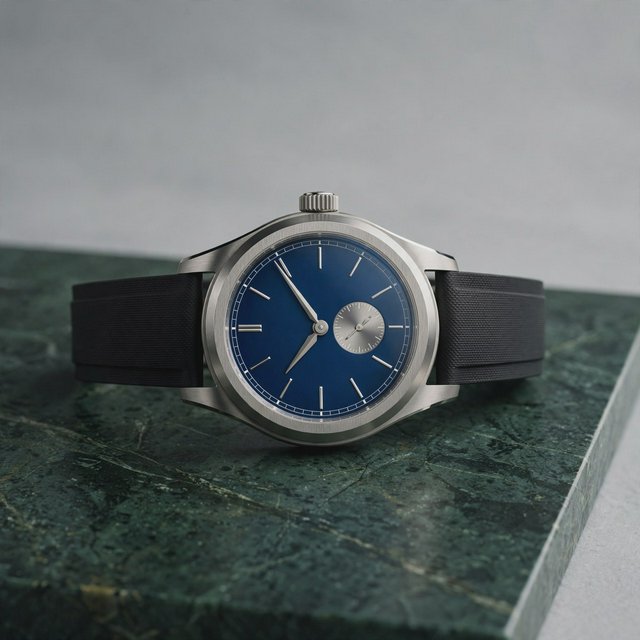 Commercial product photograph of an unbranded mechanical wristwatch with a brushed titanium case and deep blue enamel dial, resting on dark green marble against a soft gray background, illuminated by a large diffused softbox and narrow edge light. — Muse Image 1.0