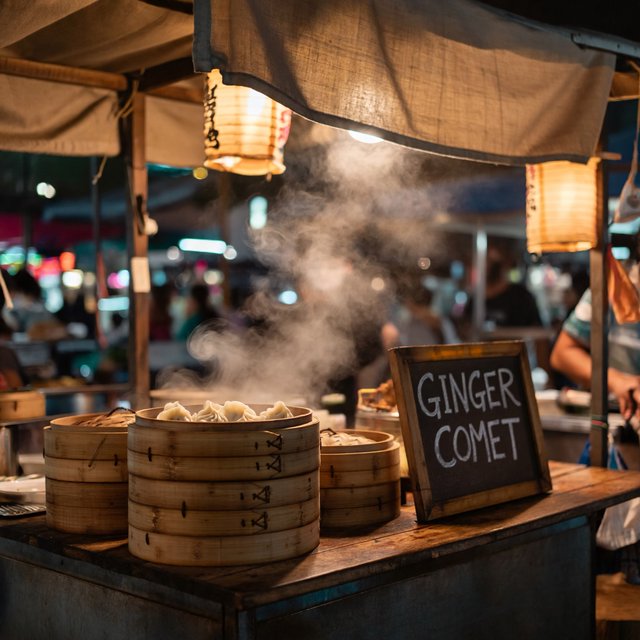 Steam curls above baskets of dumplings at a lively night-market stall, lantern light warming its canvas canopy; "GINGER COMET" is chalked in bold white letters on a blackboard beside the serving counter. — ImagineArt 2