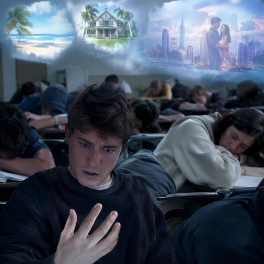 Realistic image. People discovering that their lives were all just a dream at the end of their lives. The whole time, they were just 21-year-old college students who took a nap in class. — GPT Image 2.5 Flare