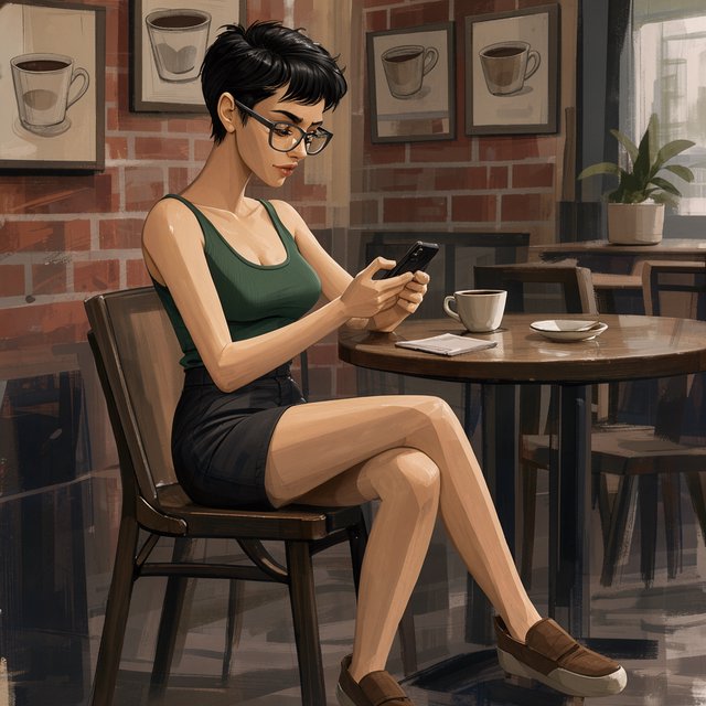 SUBJECT: Side view of a young woman seated at a cafe table, beautiful legs crossed, reading her phone. CHARACTER: 25-year-old woman with an extremely short black pixie cut, all hair under one inch. Stylish glasses, tight dark green ribbed tank top, bare midriff, shorts, comfortable shoes. SETTING: Trendy urban cafe, red brick walls decorated with framed sketches of coffee mugs. STYLE: Stylized semi-realistic digital painting, animation-inspired characters and environments. Expressive faces, large eyes, strong brows, simplified anatomy, convincing 3D volume and depth. Painterly shape-based rendering, minimal outlines, soft blended shading, broad angular brushstrokes. Luminous colors, warm undertones, restrained highlights. Hair and textures rendered in sculpted masses with selective fine detail. Muted charcoal and earthy palette, soft directional light, cohesive shadows, atmospheric depth. Detailed eyes and lips, simplified backgrounds, loose edges, unfinished brushwork. — Model 2