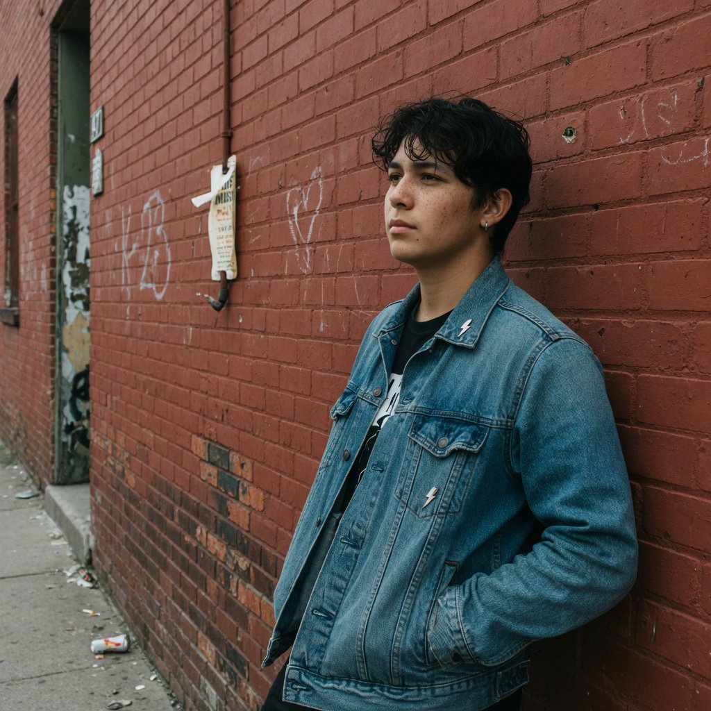 Environmental portrait of a young man in a denim jacket leaning on a red brick wall, overcast light, looking just past the camera. — Grok Imagine Image Quality