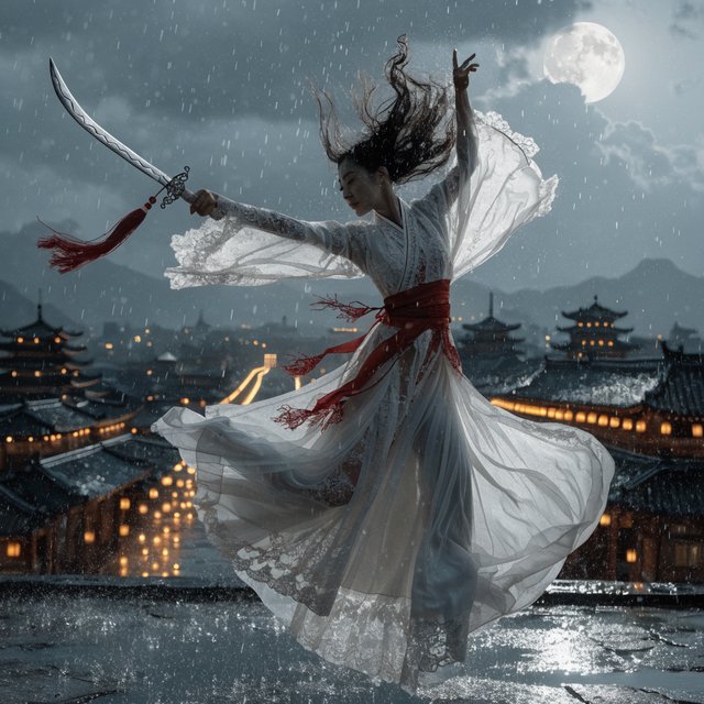 Elegant young adult Chinese female dancer performing a sword dance on a rooftop in ancient China at night, wearing flowing hanfu in primary white with secondary red accents. She leaps high in midair with her body arched backward, sword arm thrust forward, while her other arm rises gracefully above her with the hand forming delicate orchid fingers. Frontal three-quarter view, long black hair and sleeves flowing, expressive elegant pose, lantern-lit ancient city below, glowing rooftops and streets, romantic moonlit atmosphere. — Recraft v4