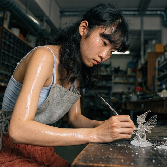 A pulchritudinous, gorgeous, exotic East Asian beauty, aged 24, inside an atelier, wearing a loose workshop apron, a tube top, and hot pants. Sweating profusely, she remains concentrated. She has a focused posture and expression as she looks at the crystalline object in the foreground that she is sculpting into a small, detailed fairy with high precision and clarity. Three-quarter-body mid-shot, Dutch angle. — Model 17