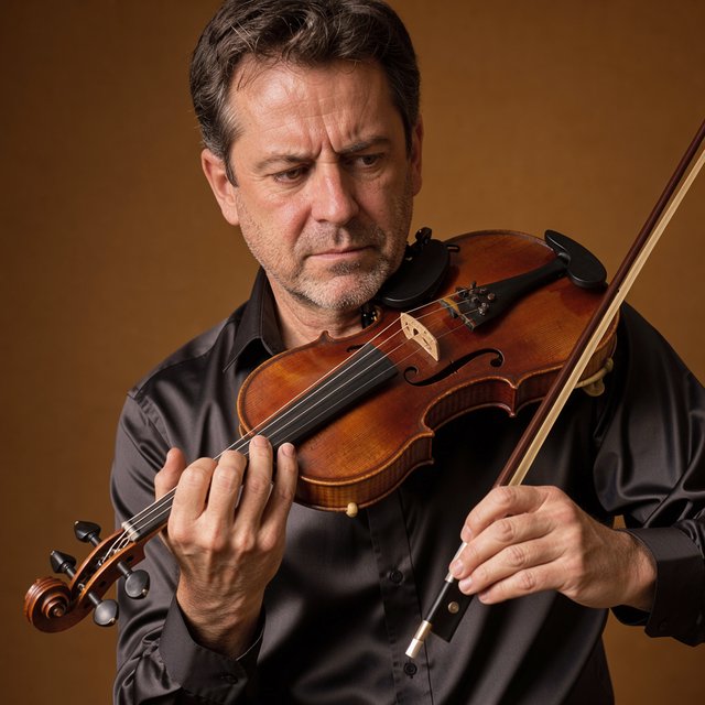 With a violin tucked close, an adult man in his early 50s draws a bow, his hands prominent, wearing a charcoal silk shirt; his intent expression is framed against a warm umber backdrop in soft amber window light, in a close portrait photograph. — FLUX 3 Image