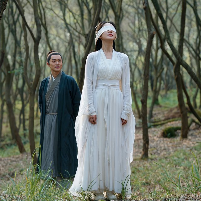 A beautiful young adult woman in flowing white hanfu stands quietly in a sparse forest, blindfolded with a soft white cloth. Grass surrounds her feet, and the scene feels calm, mysterious, and poetic. A few steps behind her stands a young adult male Taoist in traditional robes, gazing at her with a mesmerized, captivated expression. Gentle natural light filters through the thin trees, creating an ethereal atmosphere. Cinematic, elegant, emotionally evocative. — Kling v3