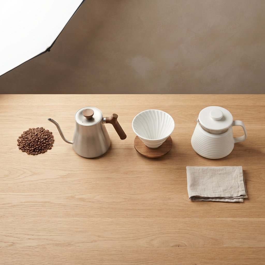 From directly overhead, an unbranded pour-over coffee set with ribbed porcelain and clear borosilicate components arranged in sequence on pale oak; warm taupe background, broad diffused softbox light and gentle side fill shape this commercial product image, no lettering. — Nano Banana 2 Lite
