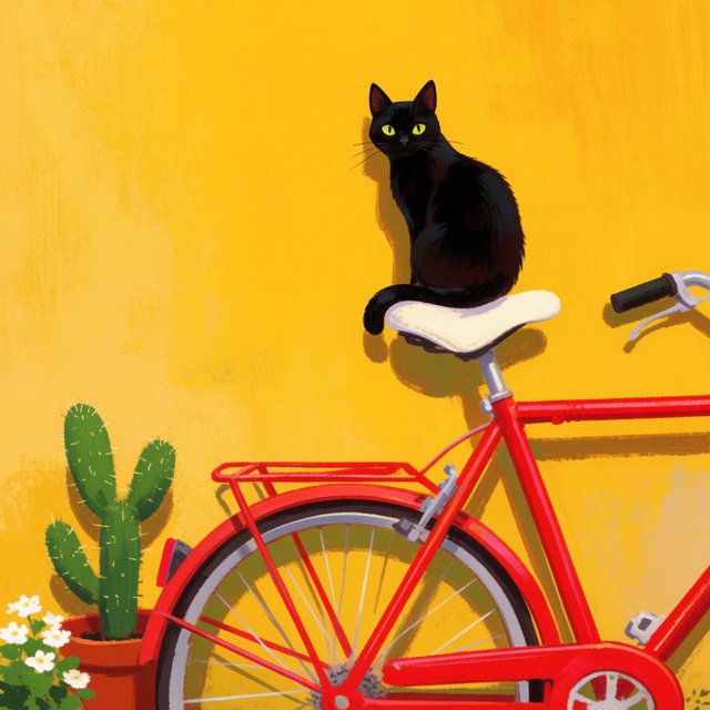A red bicycle leaning against a yellow wall, a black cat sitting on the bicycle's saddle, a small potted cactus to the left of the bicycle. — Krea 2 Medium