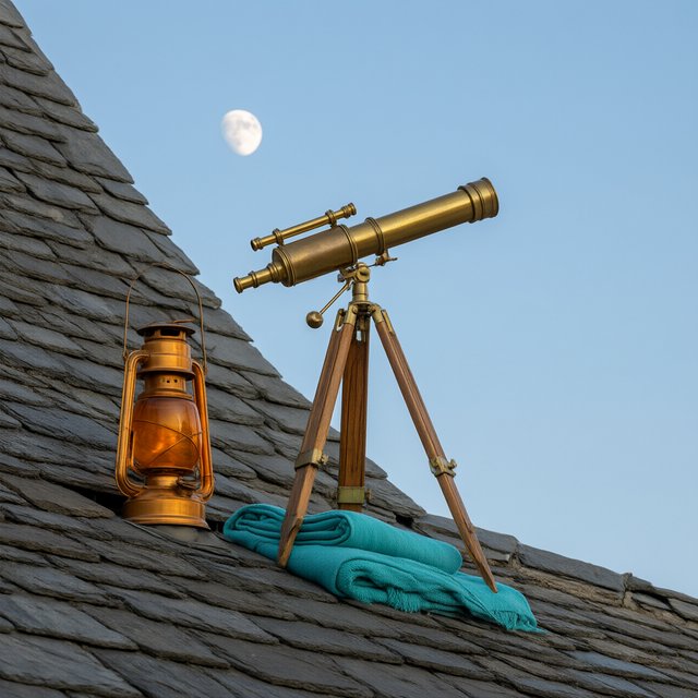 On a slate rooftop, exactly one brass telescope points east; one amber lantern sits to its left, one folded teal blanket lies beneath the tripod, and one pale moon hangs behind it in the clear sky, nothing else. — Model 17
