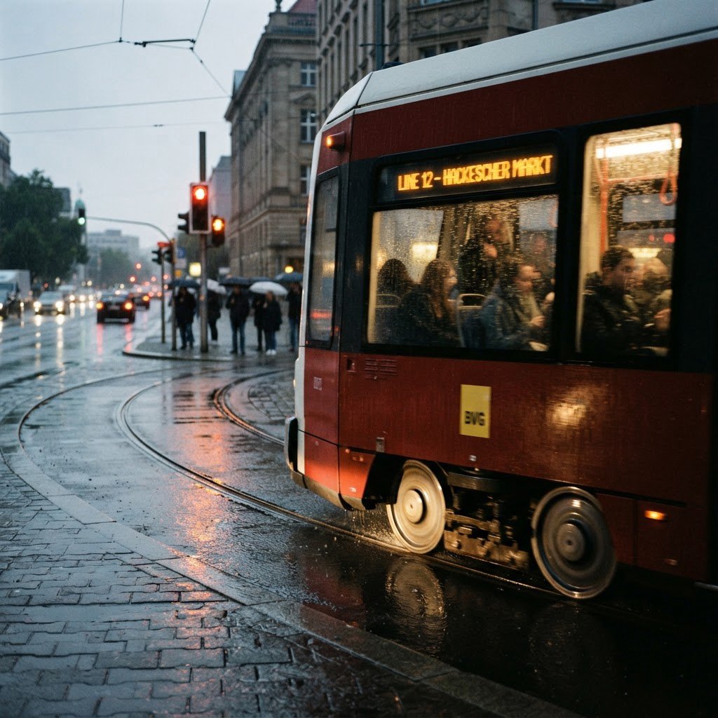 At a rain-darkened intersection, a tram grinds through a curve, its steel wheels shining beneath amber signal glow. A street-level news photo, shot on a 35mm lens with moderate depth of field, catches beads of water on the windows and slight wheel blur. — Nano Banana 2 Lite