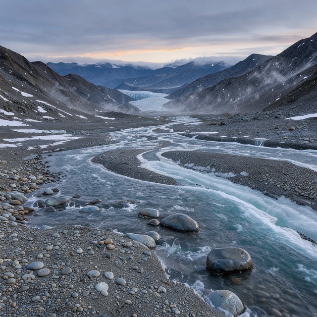 Beyond a braided glacier-fed stream, a steep moraine valley opens beneath clearing dawn snow flurries; gritty ice grains and water-polished stones sharpen the near bank, while layered ridges fade into cloud. — Model 2