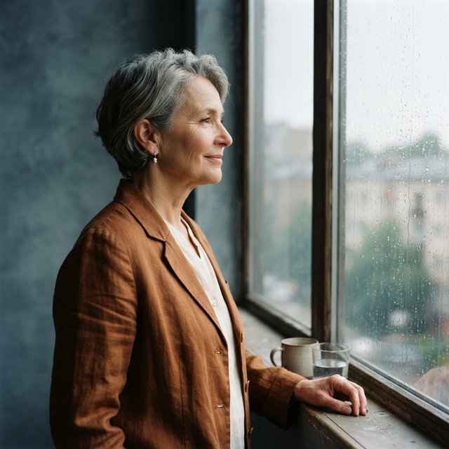 By a rain-streaked studio window, an adult woman in her early 60s turns in profile for a portrait photograph, wearing a copper-colored linen jacket over a cream cotton blouse. Her quietly amused expression rests against a muted blue-gray wall, shaped by cool, soft window light. — Nano Banana 2 Lite