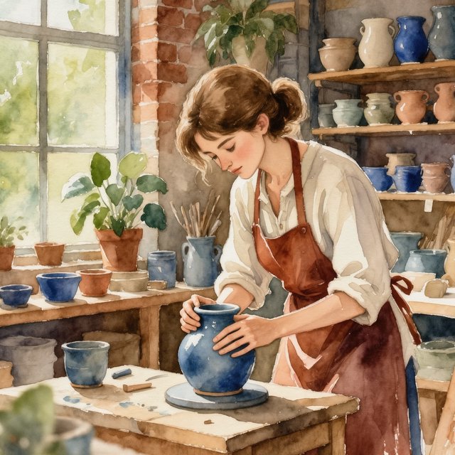 Watercolour illustration of an adult ceramicist shaping a blue-glazed vessel in a sunlit workshop, shelves of unfinished pottery and leafy plants softened by loose brushwork. Palette of terracotta, indigo, warm cream, and sage. — Kling v3 Omni