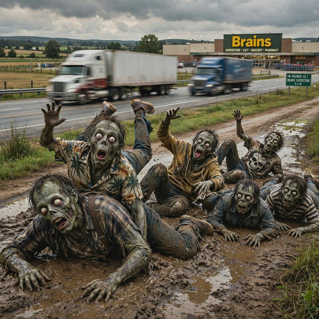 Several weird-looking zombies, some cross-eyed and some wide-eyed, are heading towards a superstore far ahead named "Brains". The superstore is located beside a highway with some trucks driving along it. The zombies are on a rural road connecting to the highway. There are patches of mud in one place on the rural road. The zombies are slipping on the mud and falling—some on their faces, some on their backs, and some on top of other zombies. A couple of fallen zombies are crawling up to the highway, where speeding trucks are passing by. Make it dramatic but funny. — Model 14