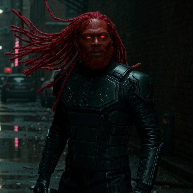 Fishnet grimdark fantasy. A suitable-for-TV-PG adult underworld agent with long crimson-red dreadlocked hair with flowing locks, ruby-red crystalline eyes, real skin pores, photographic rendering, and real material textures. No text. — Kling v3 Omni