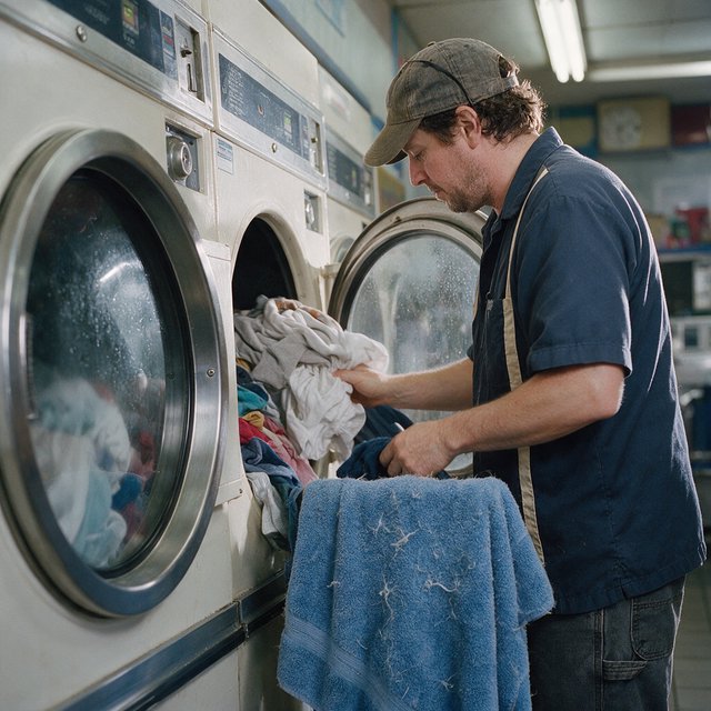 Candid documentary photograph of an adult laundromat attendant sorting warm clothes beside humming machines, cool fluorescent light, 50mm lens with moderate depth of field, loose lint clinging to a blue towel and faint condensation on the glass doors. — Seedream 5.0 Pro
