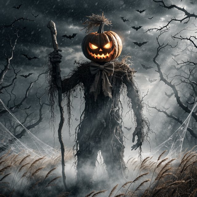 Chiaroscuro contrast, inner-lit glows, dense central detail fading into haze and velvety darkness. A pumpkin-headed scarecrow with a jack-o-lantern face, glowing eyes, stitched grin, bow tie, bark torso, and wooden staff stands in a night forest clearing with dry grass, cobwebs, bats, bare branches, — Model 18