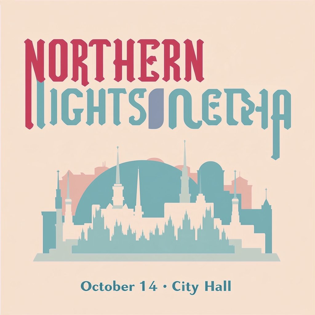 A minimalist concert poster with the words "NORTHERN LIGHTS ORCHESTRA" large at the top and "October 14 · City Hall" small at the bottom, two-colour print. — Midjourney Niji 7