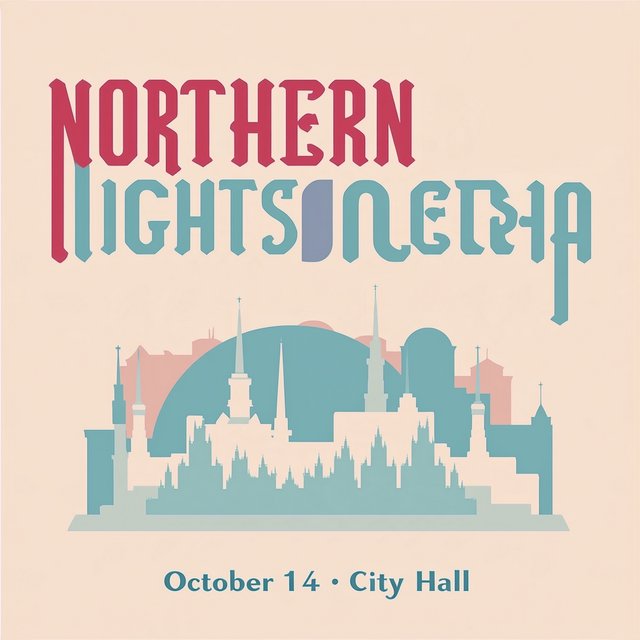 A minimalist concert poster with the words "NORTHERN LIGHTS ORCHESTRA" large at the top and "October 14 · City Hall" small at the bottom, two-colour print. — Midjourney Niji 7