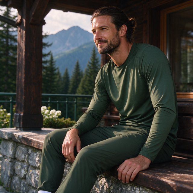 Editorial glamour photograph of an adult man in a forest-green fitness set, resting naturally after a hike on a sunlit alpine lodge terrace, flattering morning light on his face, relaxed expression, distant peaks softened behind him. — Seedream 5.0 Flash