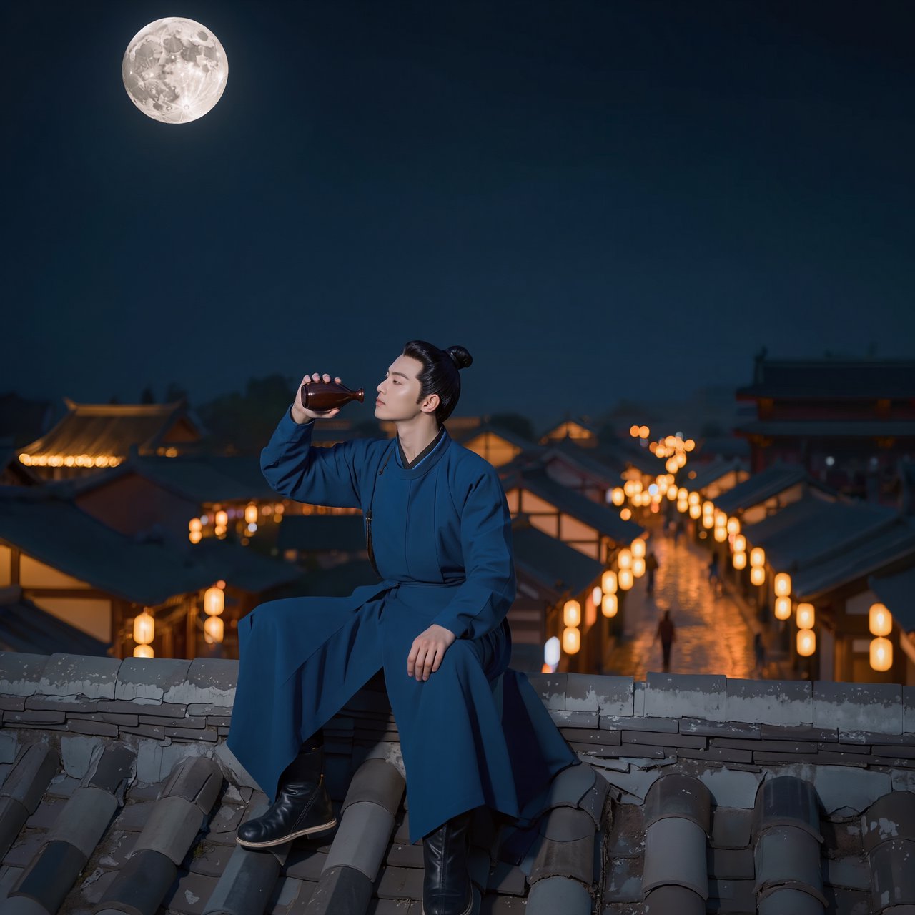 A lone Chinese swordsman sits on a tiled rooftop in ancient China at night, gazing over a lantern-lit city while drinking from a ceramic wine flask, moonlight bathing the quiet scene. — Kling v3